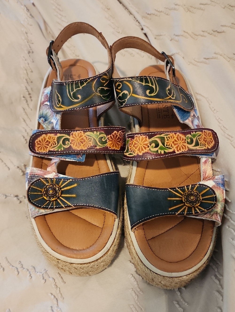 Artisan Floral Embroidered Platform Sandals - Navy & Multicolor